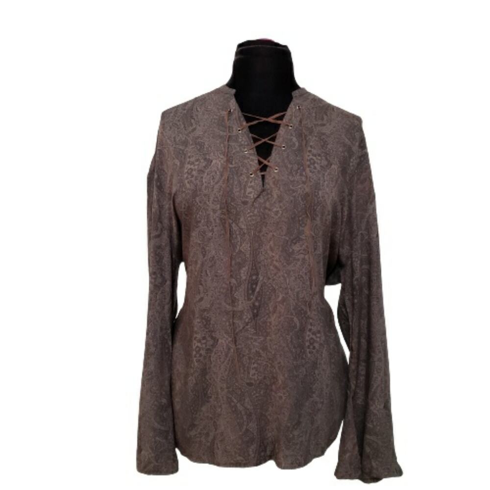 Asos Brown Bell Sleeve V Neck Suede Tie Damask Tunic‎ Small